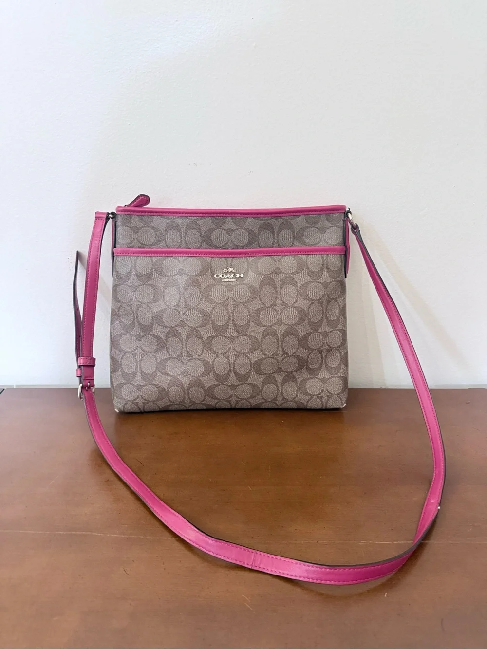 COACH Signature File Bag F58297 Brown Hot Pink Trim Cross Body PVC Leather Purse